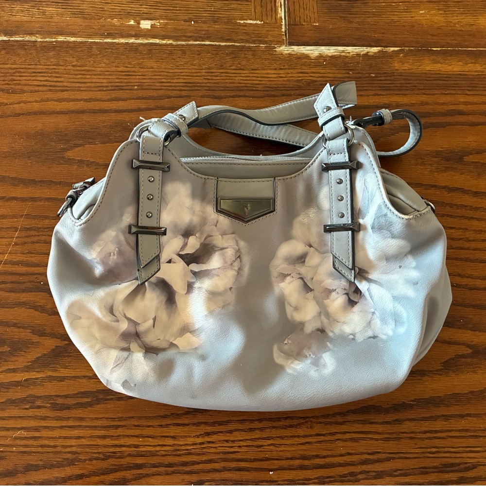 Simply Vera Wang Women's Handbag Purse Satchel Silver White Grey Floral Zipper